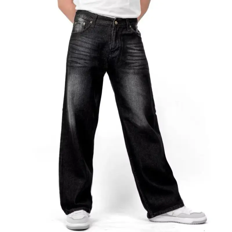Youjins - Celana Baggy Retro Jeans Whisker Unisex Standard Basic Denim Korean Style Cowok Hitam Slim Fit Straight 5