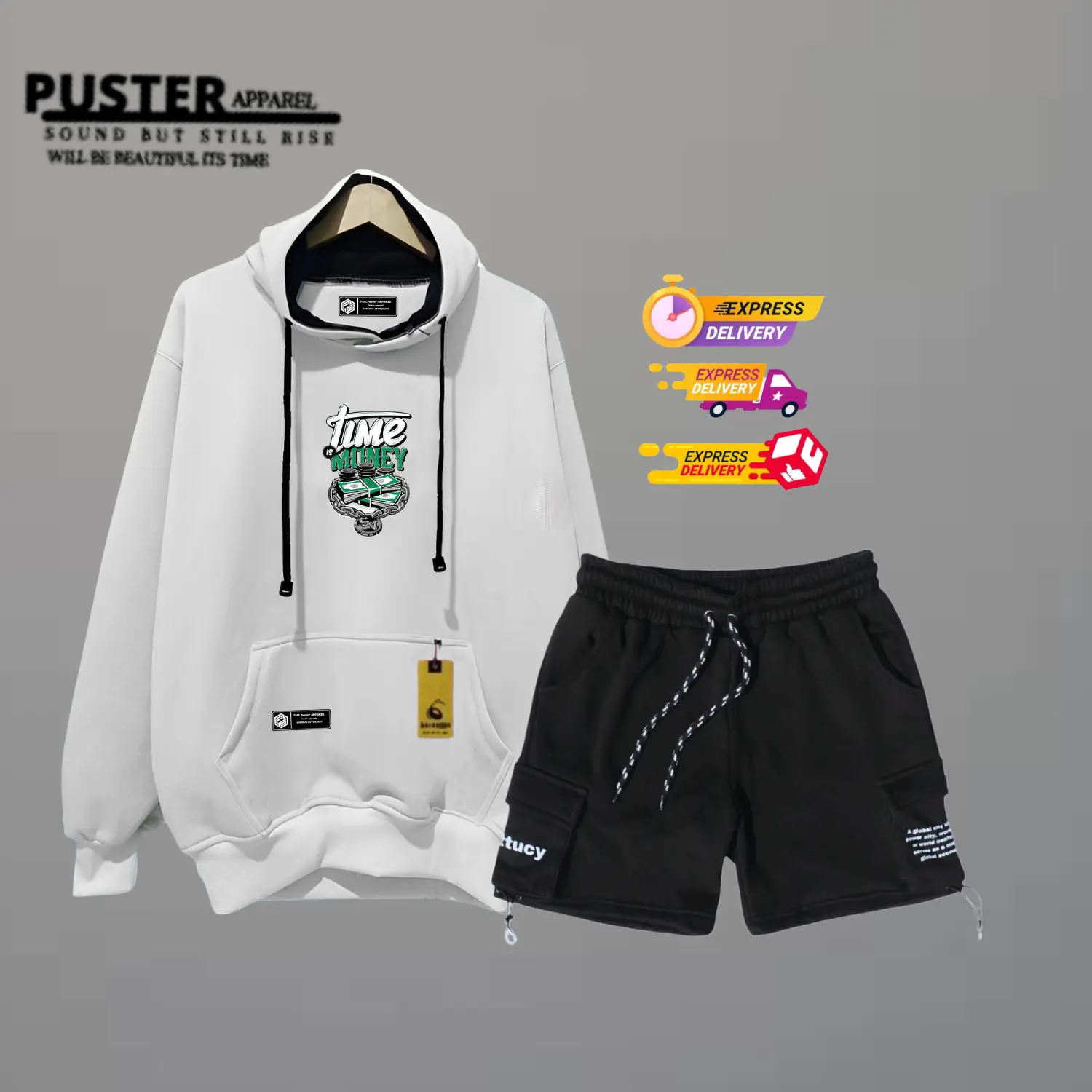 Oneset Hoodie Celana Pendek Pria Wanita Distro Stelan Sweater Celana Cargo Bahan Flece Brend Puster Apparel Size M L XL XXL Hitam Polos Dewasa Setelan Unisex Katun