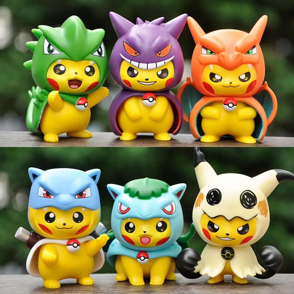 6Pcs/Lot Pokemon Pikachu Cos Gengar Charizard Blastoise Minikyu Anime Figures Kawaii Statue Model Doll Collectible Ornament Toy