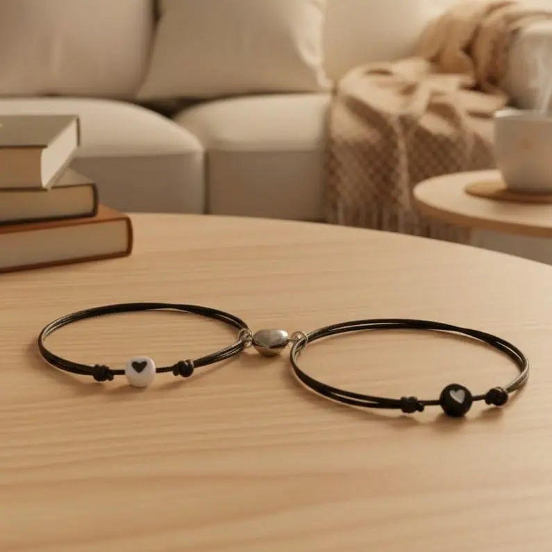 Termurah  !! Gelang Tali Korea Tipis 1mm || Love Couple Magnet Love Silver Bracelets