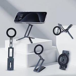iPhone／スマホ用マグネット式三脚スタンド、ジンバル付き折りたたみ可能ベース、セルフィー動画録画、ハンズフリーデスクトップホルダー