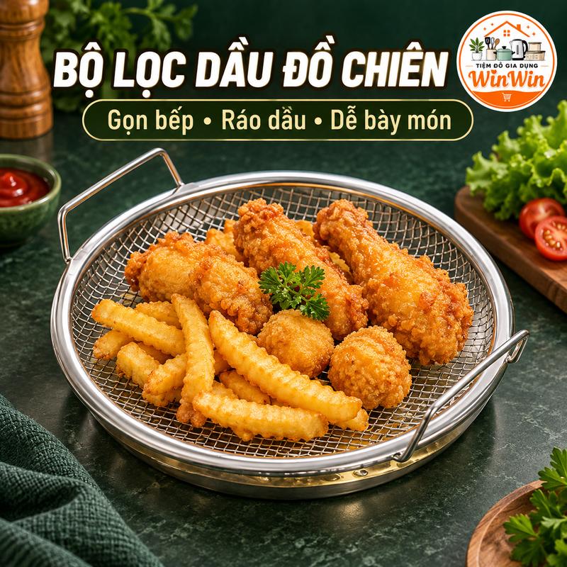 Bộ Lọc Dầu Đồ Chiên 20cm Kèm Khay Hứng Dầu, Rổ Lưới Kim Loại 2 Tay Cầm Để Ráo Gà Rán Khoai Chiên