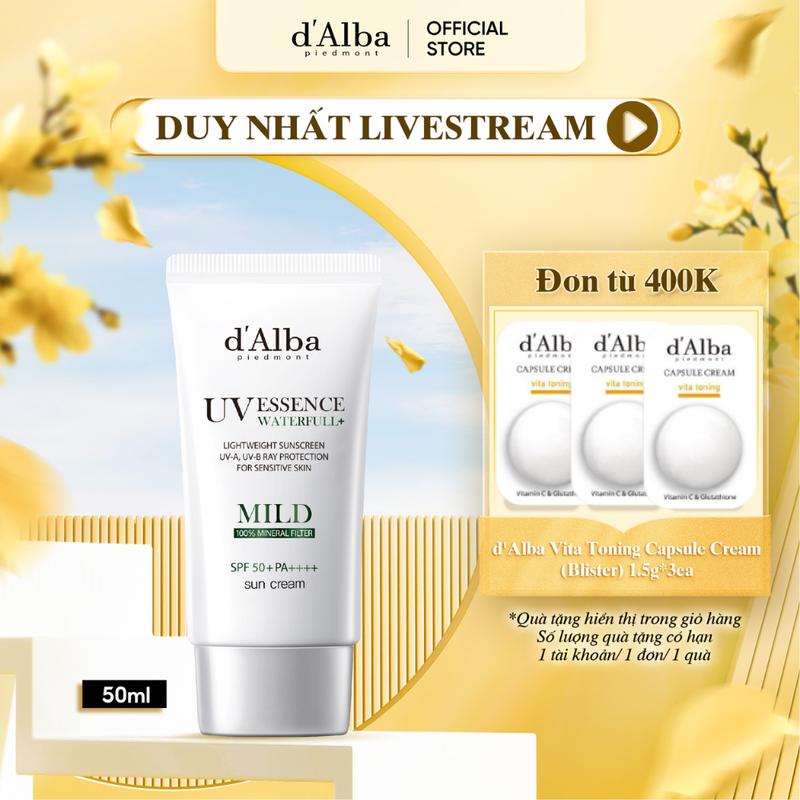   LIVE  MILD  Kem Chống Nắng Vật Lí Thuần Chay Dịu Nhẹ d'Alba Waterfull Mild Sun Cream SPF 50+ 50ml- Dành cho da nhạy cảm Tất cả các loại da Skincare SPF 50 