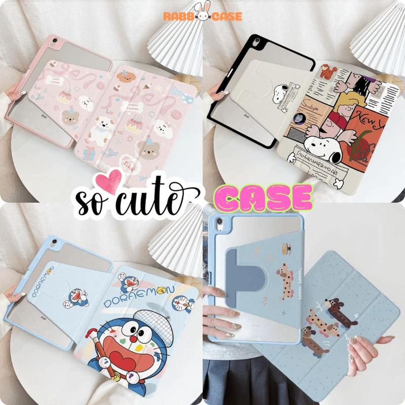 Bao da xoay 360 độ in hình cute, HOẠT HÌNH dễ thương, mặt lưng trong suốt cho iPad Gen 5/67/8/9/10/A16, Air 1/2/3/4/5/6, Pro 11/12.9/13,Mini6/7