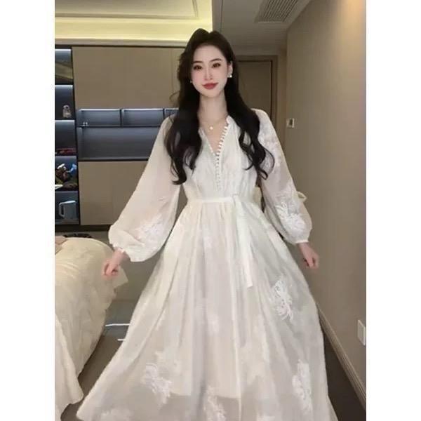 Váy suông dài thêu dài tay 2 lớp cổ tàu form 50-62kg phong cách thanh lịch cho nữ mùa hè 2025