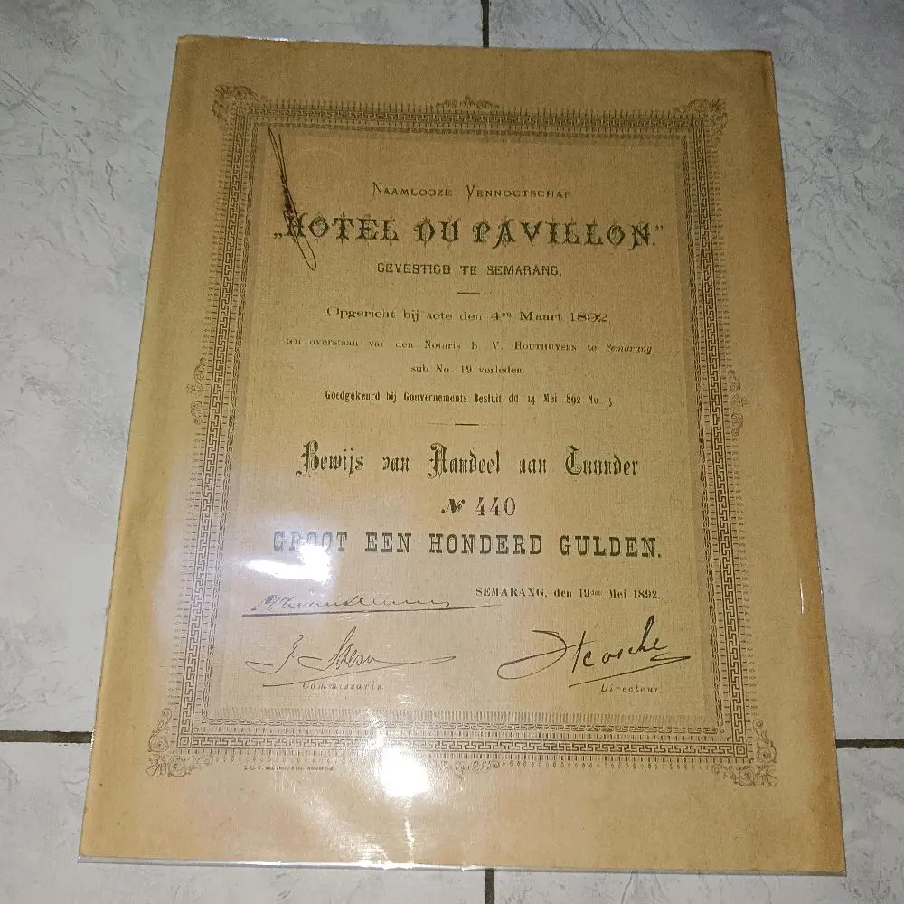 Obligasi Hotel Du Pavillon - Surat Berharga dengan Nilai Satu Ratus Gulden dari Semarang tahun 1892