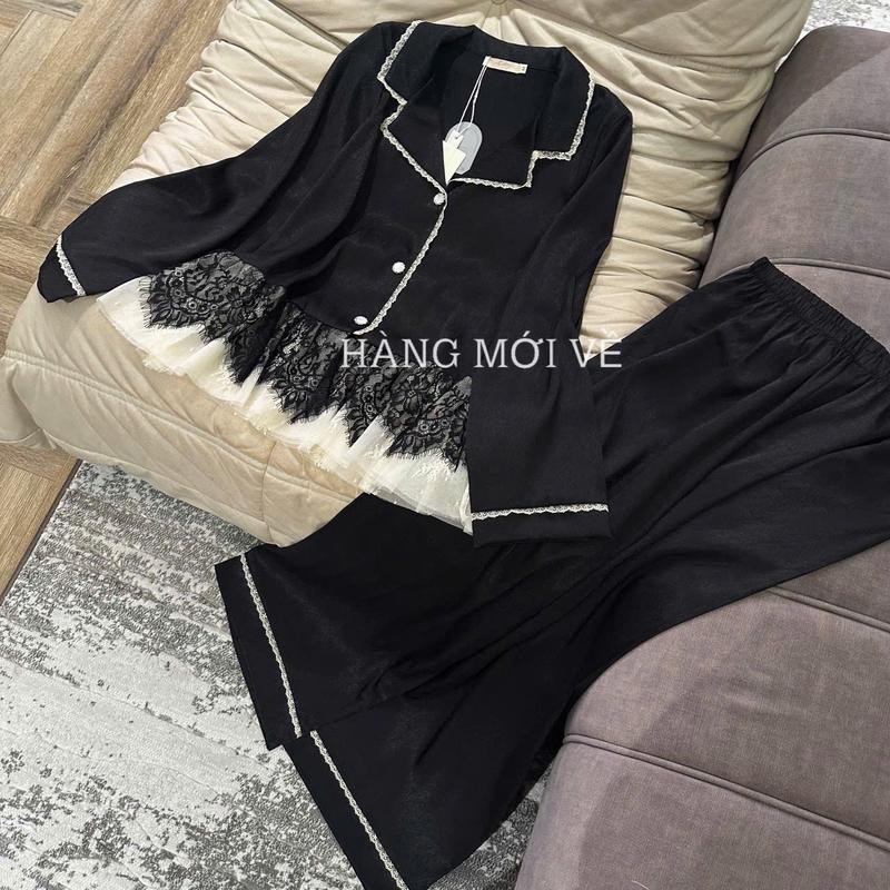  N420- Pijama dài tay lụa xước phối chân ren cúc ngọc cho nữ hàng LYLY- Bộ ngủ mặc nhà tiểu thư quảng châu cao cấp 