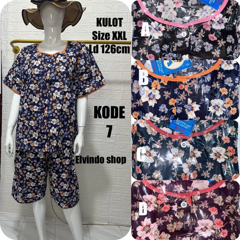 PIYAMA Setelan KULOT 3/4 JUMBO XXL LD 126CM KATUN motif bunga pretty girl 0