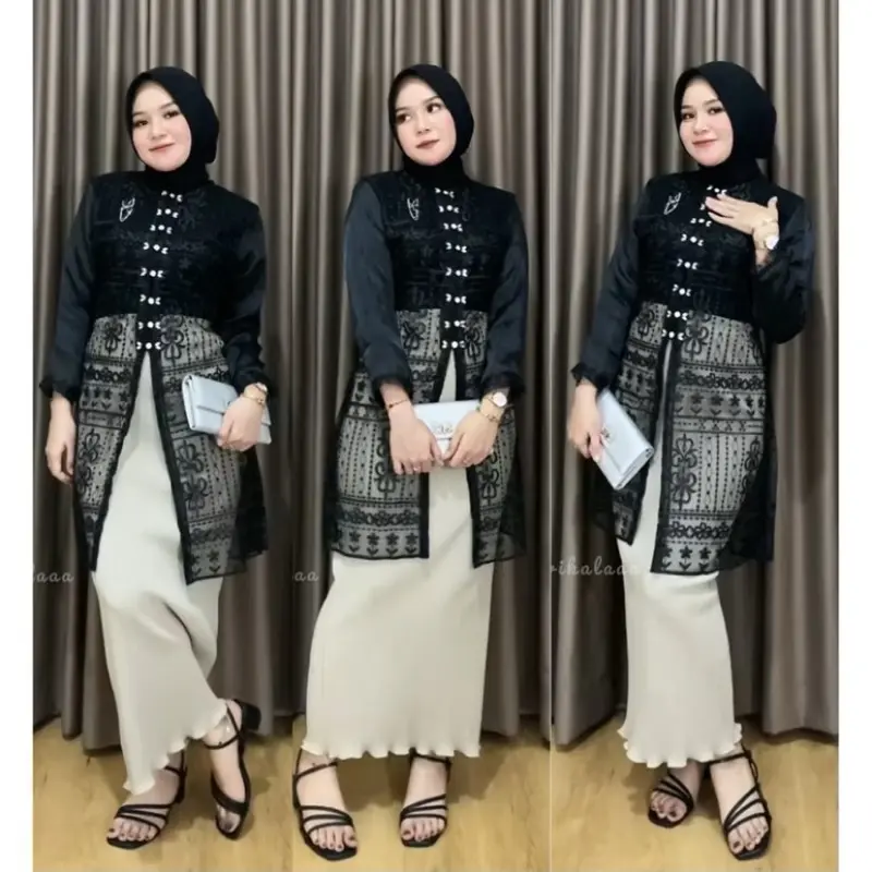 ￼Hadju Tunik Brukat Bordir Sapto / Tunik Brokat Tali Kancing Mutiara Payet Diamond / Baju Kondangan, Wisuda, Seragaman, Bridesmaids, Pesta, Acara Formal Brokat Panjang Atasan Muslim 0