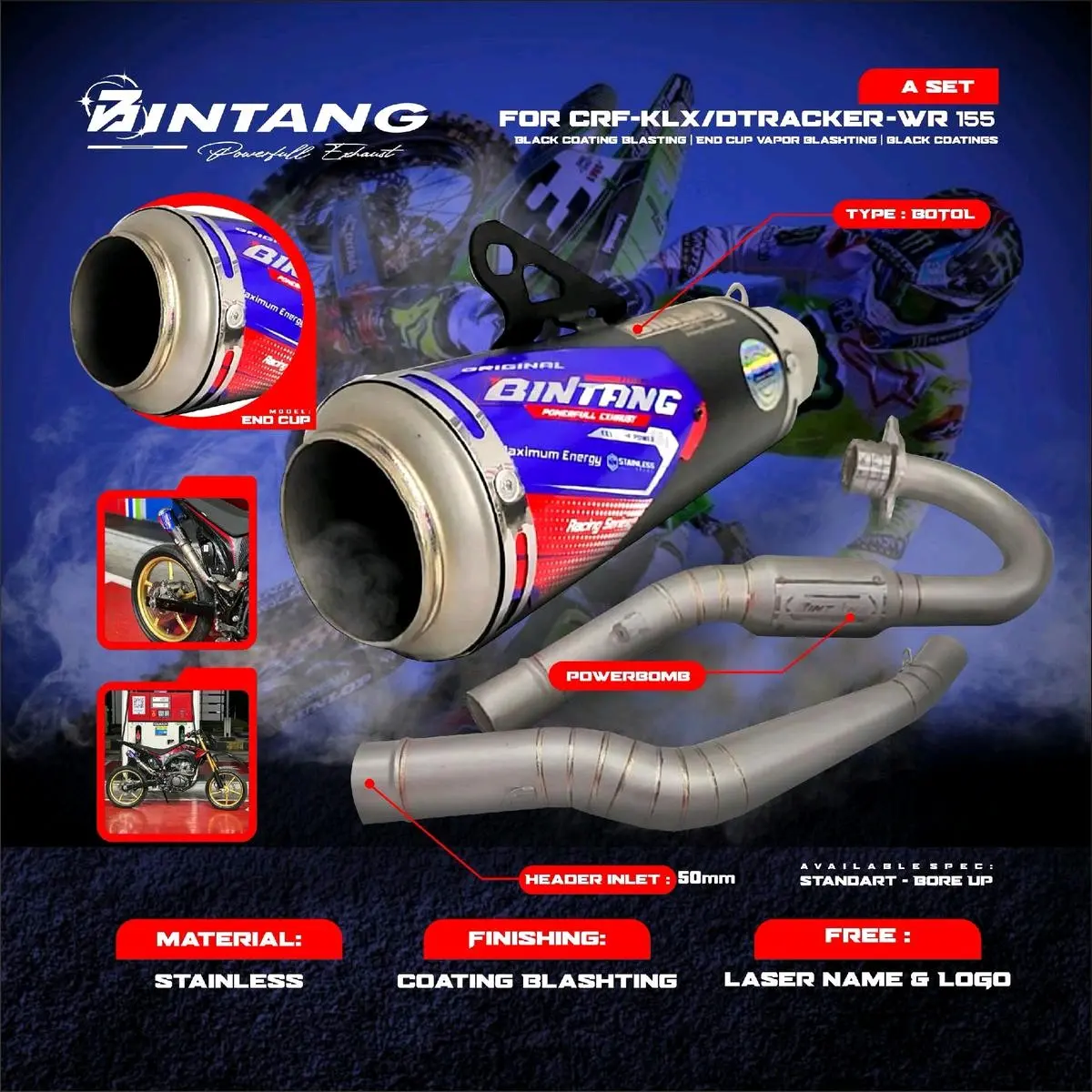Knalpot KLX 150  CRF 150  D Tracker 150 Wr 155 Type Botol Black Blashting Series Kolong Atas Laser