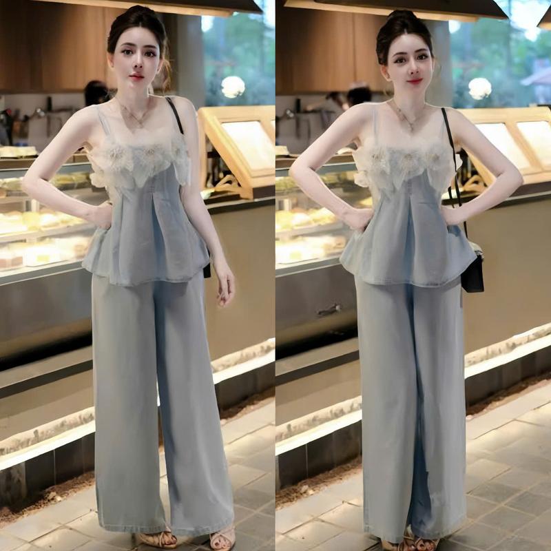 Set bộ nữ jean thiết kế 2 dây cổ yếm dính bông mix quần ống xuông lưng thun dáng dài sang chảnh dành cho các nàng diện di chơi,di tiêc.