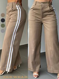 Pantalones largos para mujer de nuevo estilo para otoño, pantalones de pierna ancha con franja lateral, pantalones casuales altos y delgados de estilo vintage, a la moda y cómodos