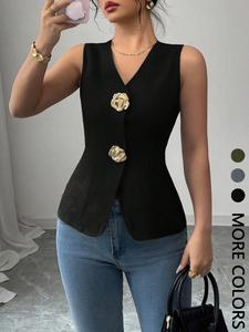 Top sin mangas tipo chaleco para mujer, cuello en V con decoración de botones florales, ajuste entallado con cintura ceñida, moda primavera y otoño, diseño sin forro con superficie lisa