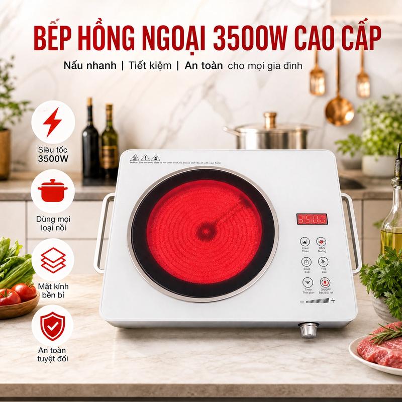 Bếp Bếp Hồng Ngoại Đa Năng 3500W Mặt Kính Cảm Ứng Chịu Lực Có Chức Năng Hẹn Giờ, Bảo Hành 24 Tháng