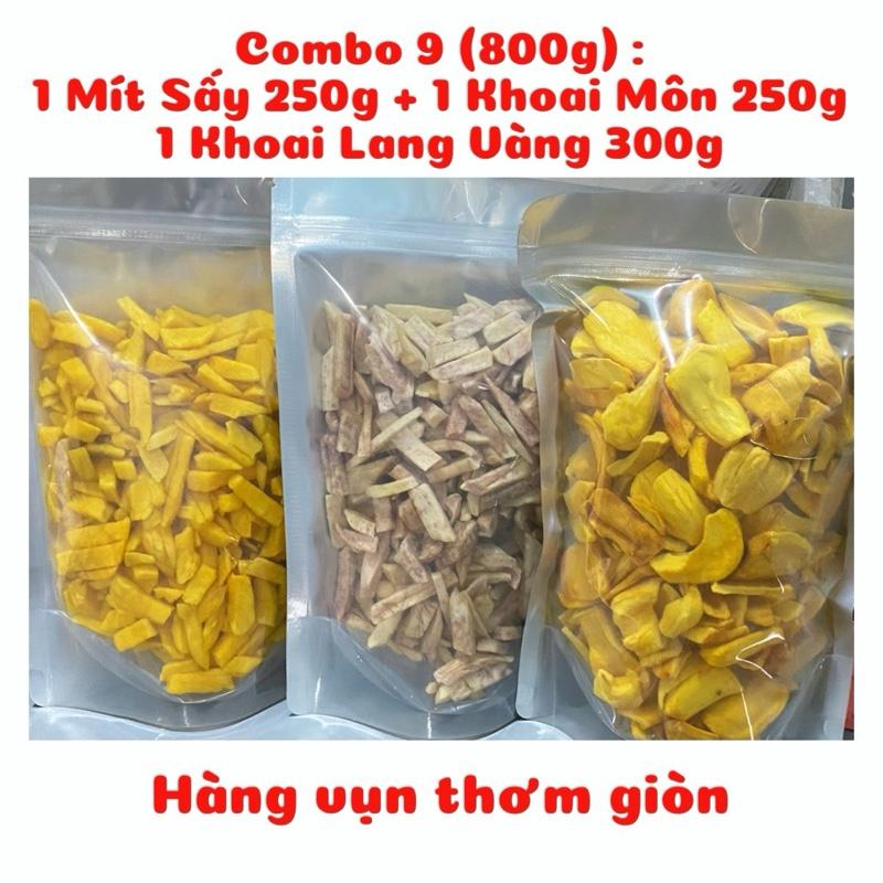  Combo 9  800g  : 1 Mít Sấy 250g + 1 Khoai Môn 250g + 1 Khoai Lang Vàng 300g - Hàng vụn giòn ngọt thơm 
