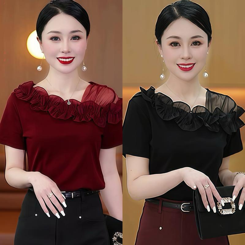 Áo thun nữ kiểu sang chảnh phối voan lệch vai – tôn dáng thanh lịch trẻ trung