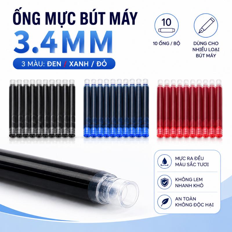 Ống Mực Bút Máy 3.4mm 10 Ống | Ruột Mực Thay Thế Cho Bút Máy Học Sinh Văn Phòng