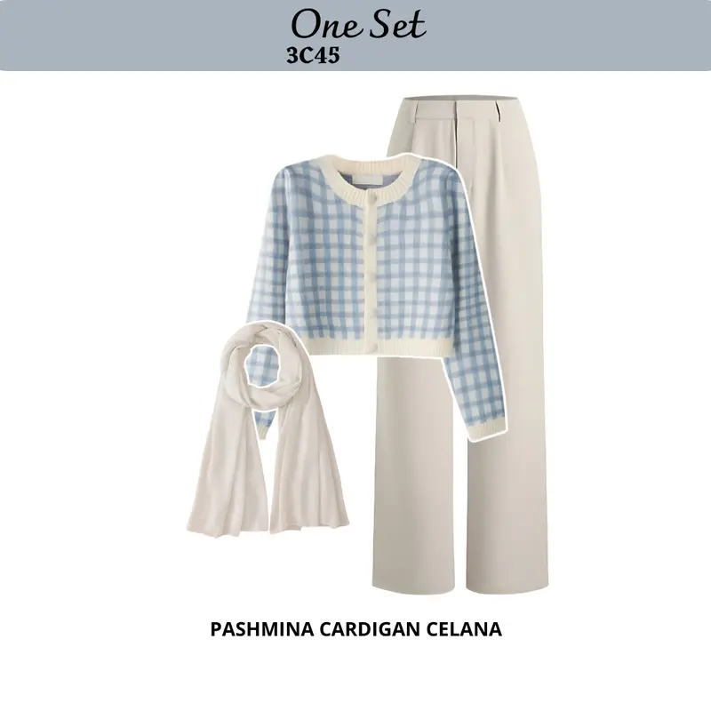 Outfit Hijab Style Cute 3in1 ( Atasan Cardigan Rajut Snow + Bawahan Celana Kulot Knit + Jilbab Pashmina Kaos Jersey ) Ootd Casual Look Remaja Modis  3C45 1