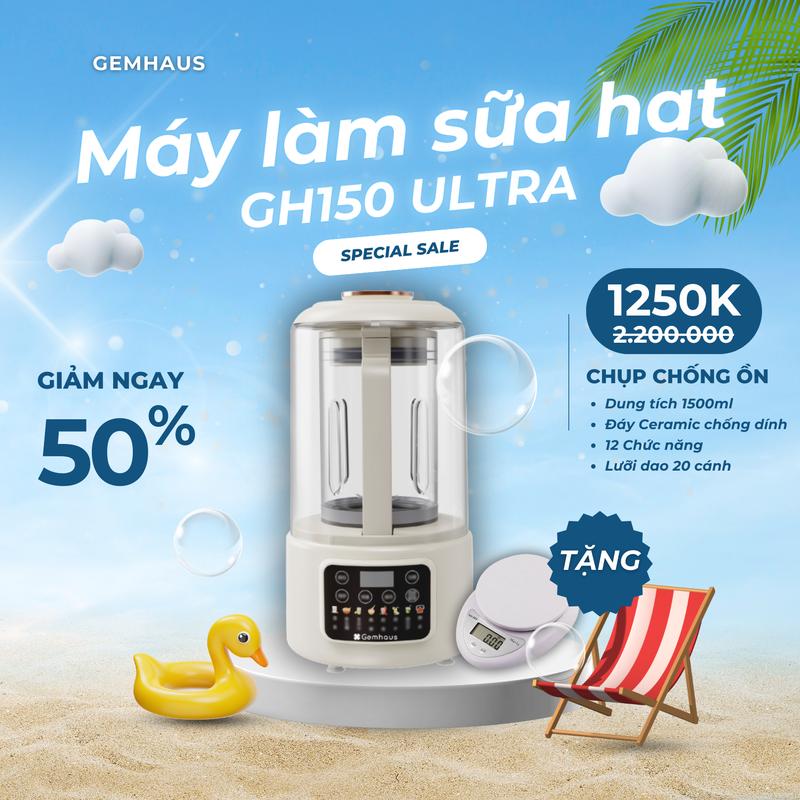 [BÁN CHẠY 2025] Máy làm sữa hạt Gemhaus GH150 Ultra Silent. Máy xay nấu đa năng với thiết kế cối thuỷ tinh vỏ nhựa cách nhiệt kết hợp đế gốm ceramic chống dính, có chụp chống ồn [Tặng Cân tiểu ly nhà bếp 99K]