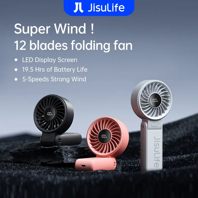 JisuLife 5000mAh Portable Mini Fan Foldable USB Fan 5 Speeds Strong Wind Speed ​​LED Digital Display Screen
