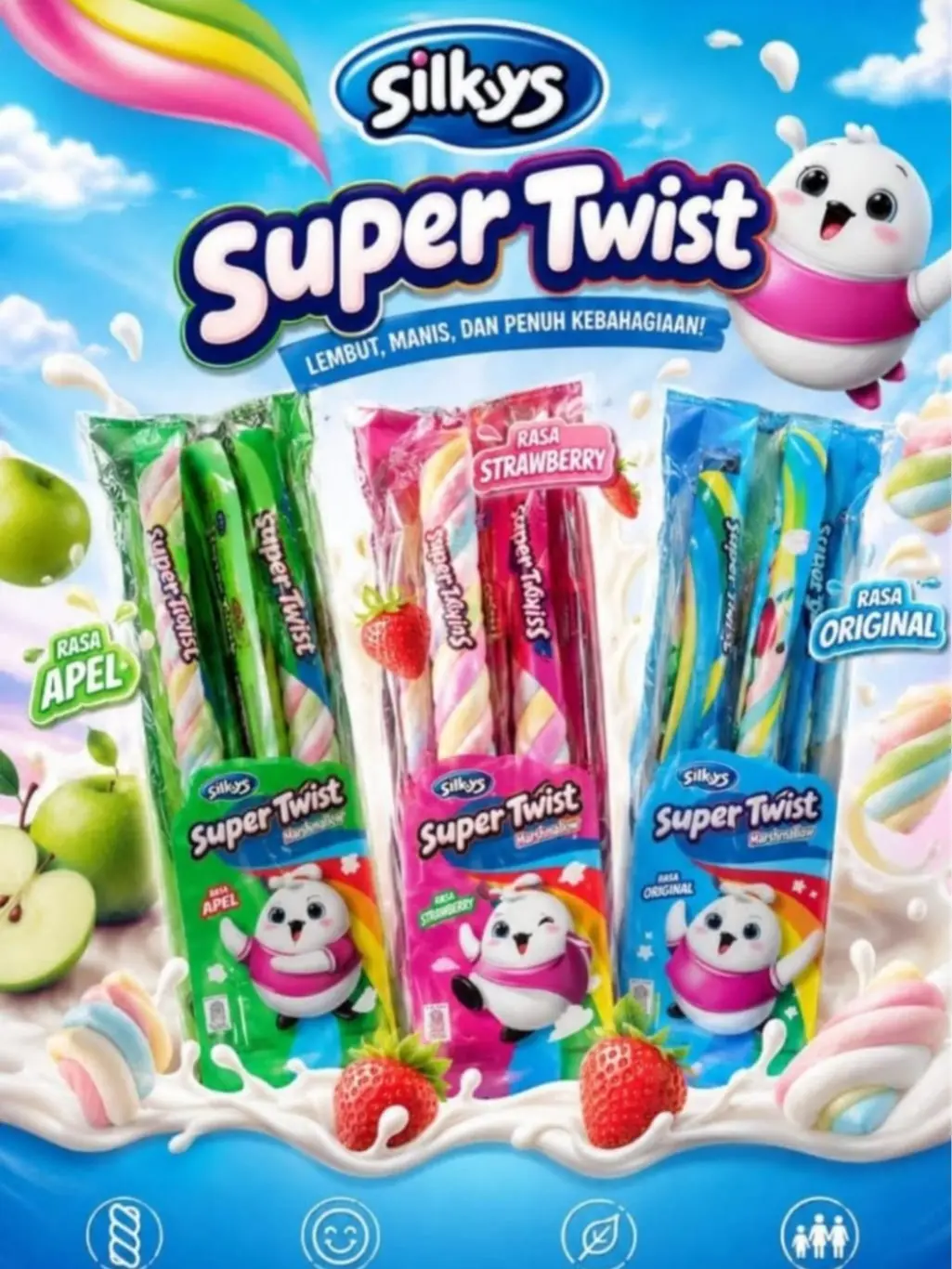 Silkys Super Twist Rainbow Marshmallow Kepang Rasa Original, Apel, Stroberi isi 20 pcs ( 1 pack )