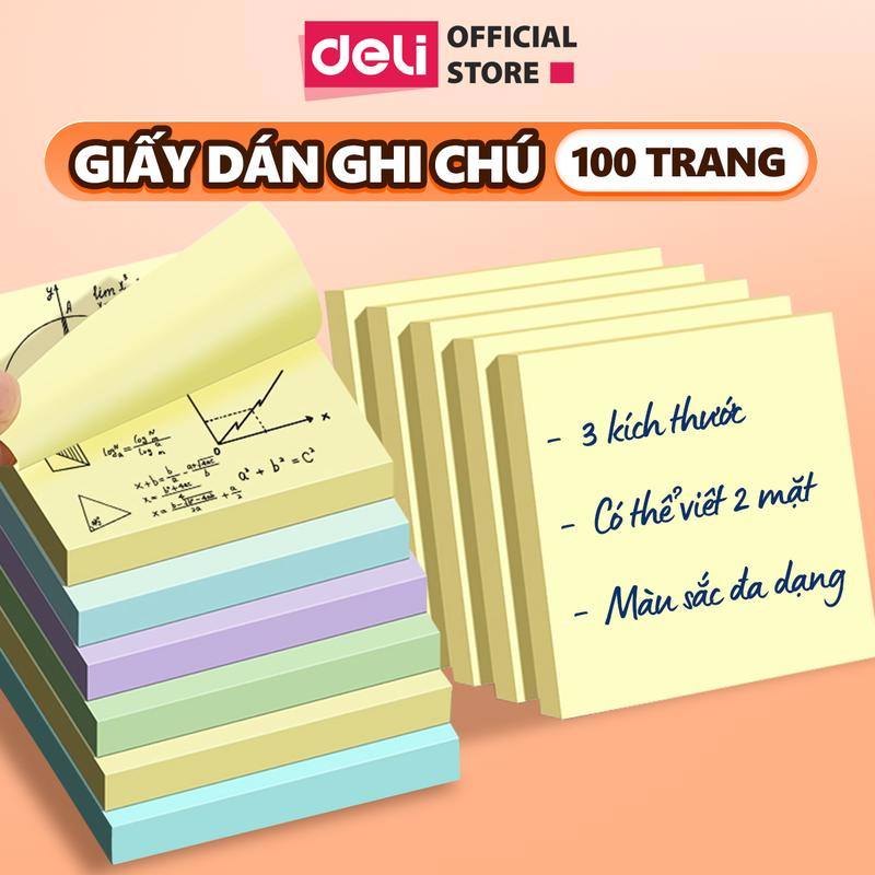 Set 100 giấy note ghi chú, giấy nhớ hình vuông dán nhiều màu Deli giấy ghi chú loại chất lượng cao tiện lợi học sinh