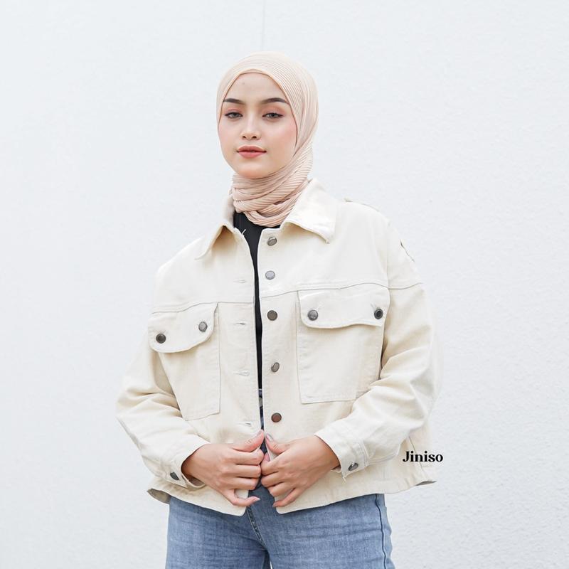 JINISO Jaket Crop Jeans Oversize Pocket Khaki 3