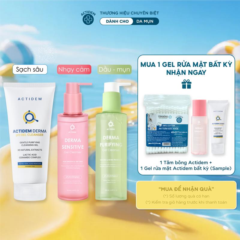[Tặng 2 Quà Khi Mua 1 Tuýp] Gel rửa mặt hỗ trợ ngừa mụn cho da dầu, nhạy cảm, da hỗn hợp Actidem Derma pH/Sensitive/Purifying Gel Cleanser 30/150/180ml