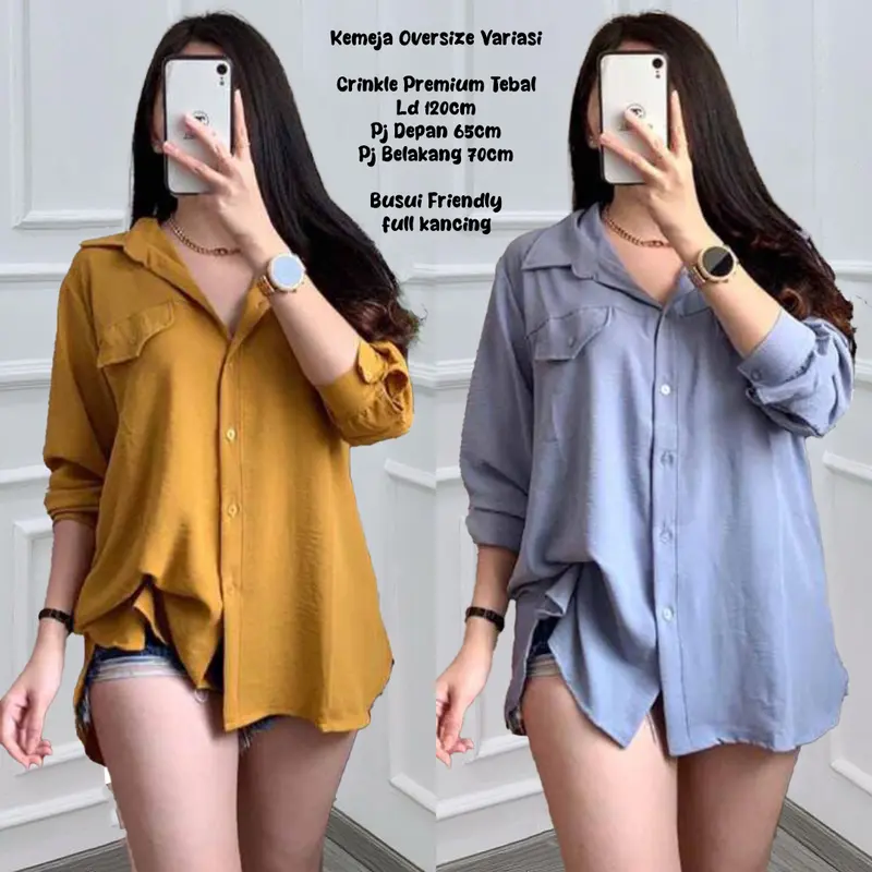 Kemeja Atasan Baju Wanita Polos Oversize Kancing Lengan Panjang Balon Crinkle Airflow 0