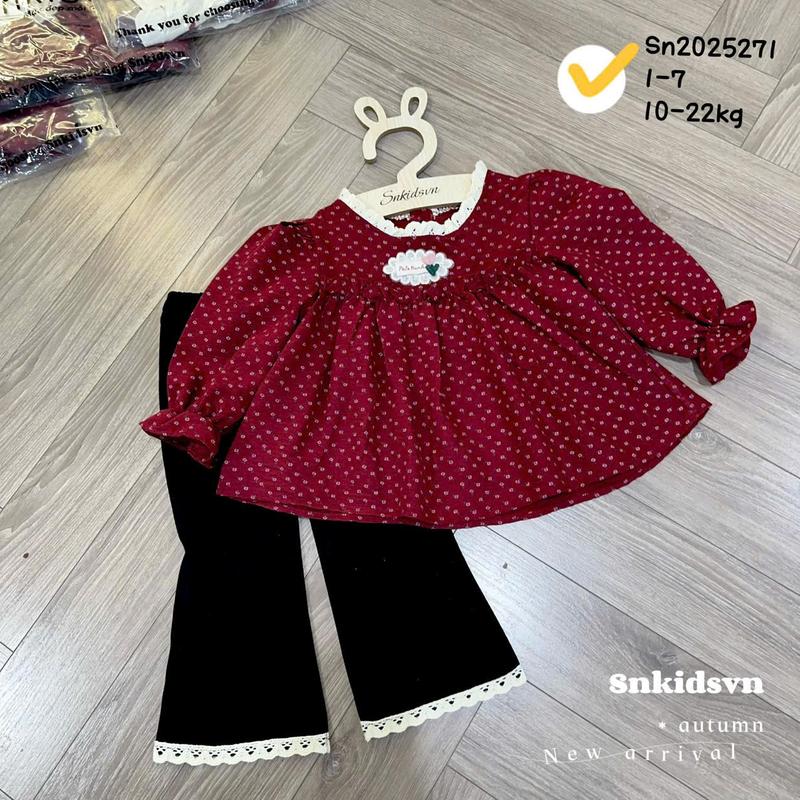   6-18kg  Sét quần áo ĐŨI dài tay dáng baby doll kèm quần tăm ống loe mềm cho bé gái . 