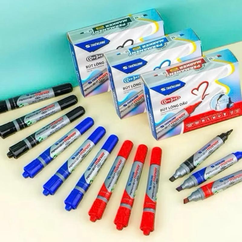 ￼Combo 1 hộp 10 bút lông dầu 2 đầu bút Thiên Long PM-09, mực đạt tiêu chuẩn bám dính tốt nhanh khô trên nhiều vật liệu