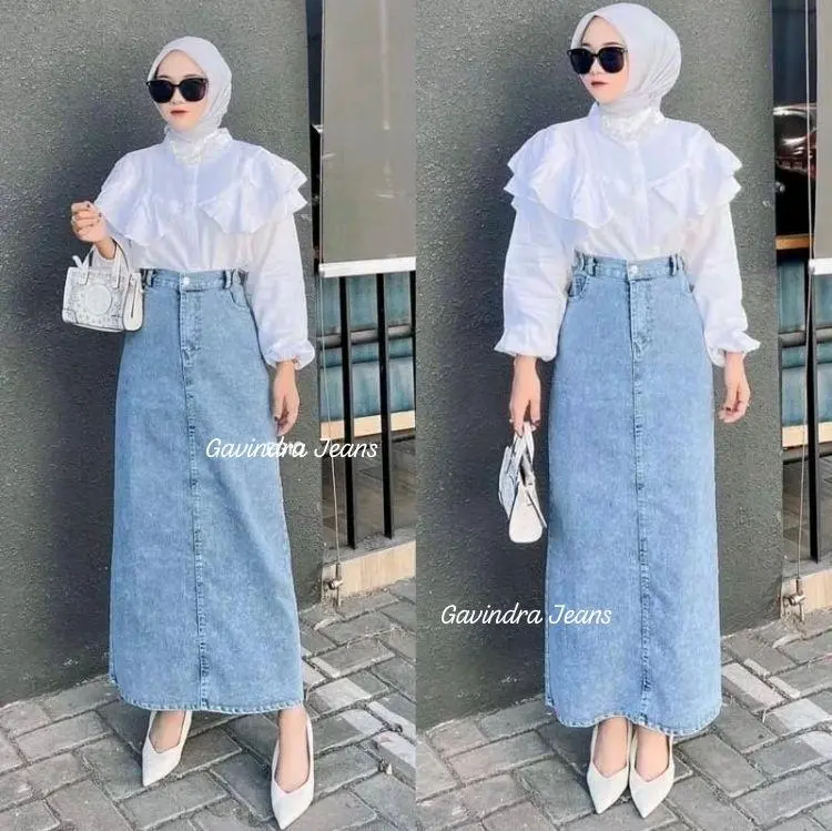 Theana Rok Jeans Skirt Panjang Kancing Karet Wanita Belah Samping Terbaru
