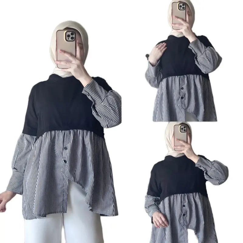 Quin Kemeja Ruffel Wanita Lucu Kekinian Casual Full Kancing Baju Atasan Kerja Panjang Linen Oversize Variasi Basic Hitam Salur Remaja Garis Stripe
