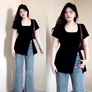 เสื้อยืดผ้าฝ้ายพลัสไซส์ สำหรับผู้หญิง คอเหลี่ยม แขนสั้น เสื้อฤดูร้อน ซ่อนหน้าท้องและสะโพก เอฟเฟกต์กระชับสัดส่วน