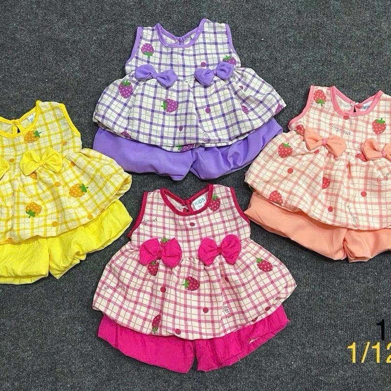   CTH39  Bộ quần áo sát nách đính 2 nơ đùi bí chất cotton hàn cho bé gái 6kg-12kg  được chọn màu 