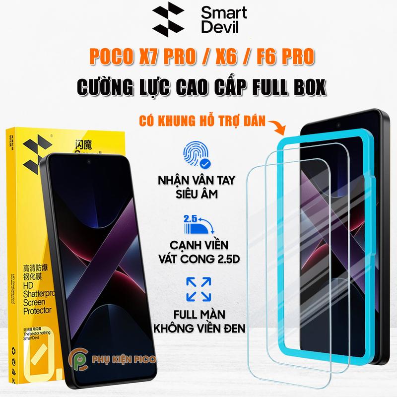 Kính cường lực Smart Devil dành cho điện thoại Xiaomi Poco X7 Pro X6 F6 Pro F5 Pro full màn hình nhận vân tay có khung hỗ trợ dán - Phụ kiện