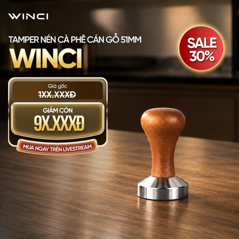 WincI A03 Tamper Cán Gỗ Nén Cà Phê 51mm Inox 304 & Gỗ Tự Nhiên Chất Lượng Cao