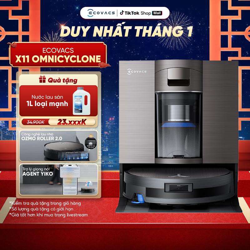 Robot hút bụi lau nhà Ecovacs DEEBOT X11 OmniCyclone - Lực hút tối đa 19.500Pa - AI Stain Detection 2.0 - ZeroTangle 3.0 Ecovacs DEEBOT X11 OmniCyclone - Lực hút tối đa 19.500Pa - AI Stain Detection 2.0 - ZeroTangle 3.0