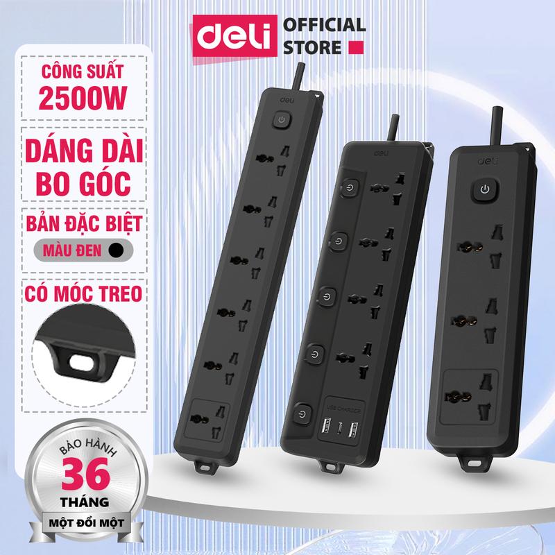 [ĐỘC QUYỀN LIVE] Ổ cắm điện đa năng Deli dáng dài 2500W tích hợp cổng USB, ổ cắm điện Deli tiện dụng, an toàn, chống cháy nổ, dây đồng chắc chắn, tải cao bảo hành 36 tháng du lịch ổ điện gắn tường