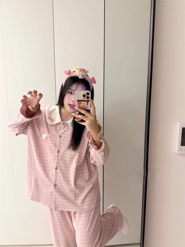  Set Đồ Bộ Mặc Nhà Nữ Kẻ Caro Hồng han2012 Chất Nỉ Chân Cua Cổ Bẻ Dài Tay Quần Dài In Hình Mèo Cute Form Rộng Pijama 