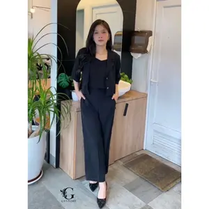 RARENOA Setelan Viola 3in1 Wanita crinkle Outer dan celana Panjang Standar Top Atasan Kancing Basic