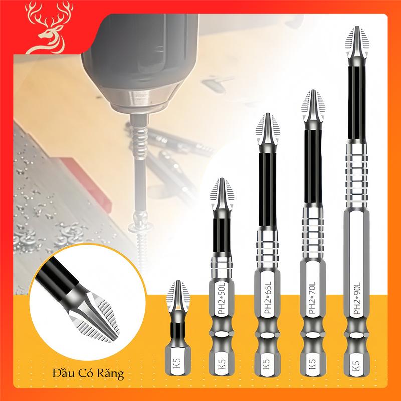 Bộ 5 Vít Đầu Từ Tính Chống Trượt K5-PH2 Thép CRV Độ Cứng Cao Phù Hợp Máy Khoan Đồ Bộ Vít Chống Trượt