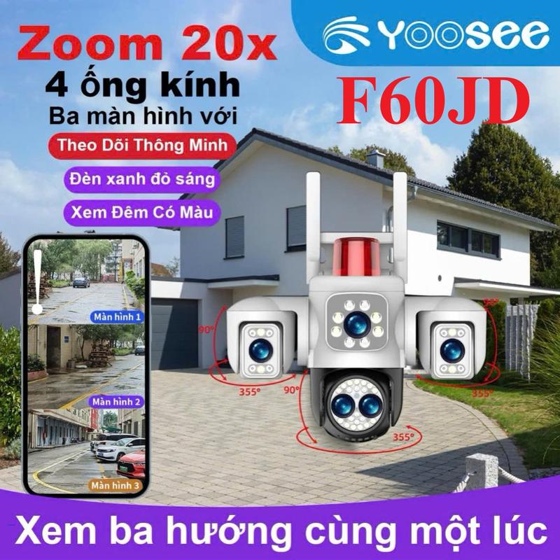 (Tặng HKT khi mua Cam kèm thẻ) Camera Yoosee F60JD MẮT ZOOM quang học rõ nét không bể hình - 3 MẮT XEM 3 KHUNG HÌNH - Ngoài trời chống nước - đàm thoại - báo động chống trộm
