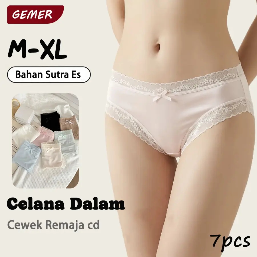 GEMER 7 Pcs Celana Dalam Wanita Bahan Ice Silk Seamless Anti Bakteri, Lembut Ramah Kulit, Pinggang Renda Romantis, Cocok Untuk Wanita Muda