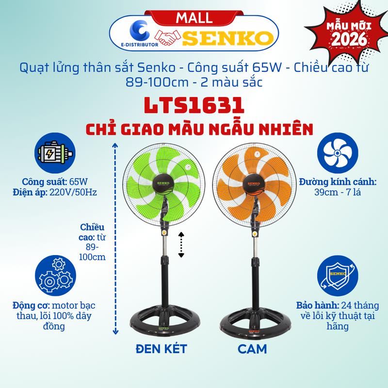 Mẫu mới 2026-Quạt lửng thân sắt Senko LTS1631,Công suất 65W,Chiều cao 89-100cm, Chỉ giao màu ngẫu nhiên- Hàng chính hãng