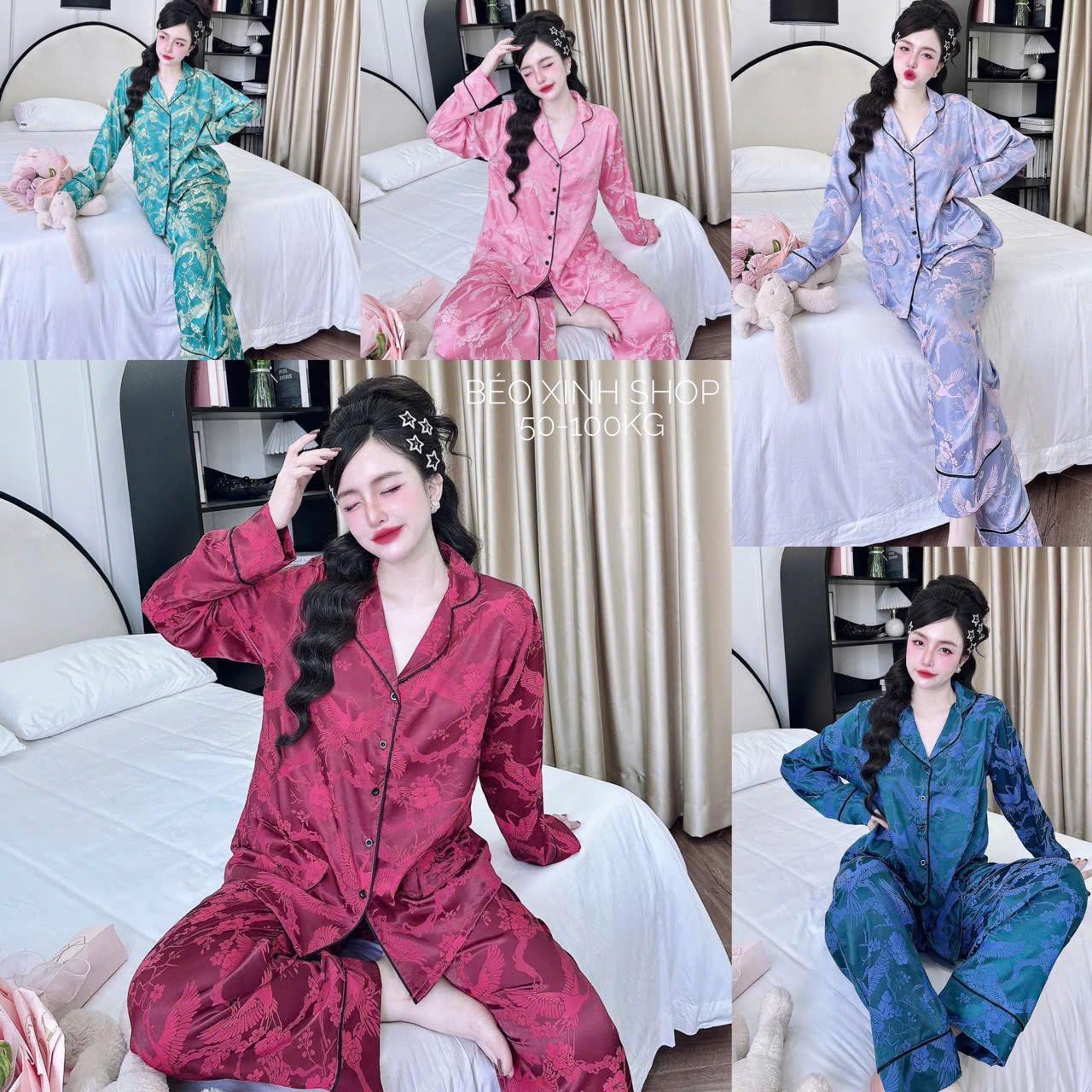 Đồ Bộ - Đồ Ngủ Tay Dài Quần Dài Vải Gấm Hạc Tiểu Thư Cao Cấp Thanh Lịch Pijama Bigsize 50-100kg Bộ Ngủ Nữ Áo Ngủ Women Quần Ngủ - A.5649