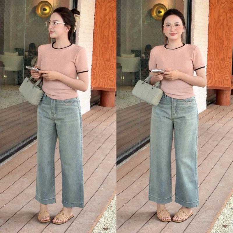 [Q775] Quần jean nữ dáng suông lưng cao 88cm thêu chữ viền túi Linsummer tôn dáng cho nấm lùn