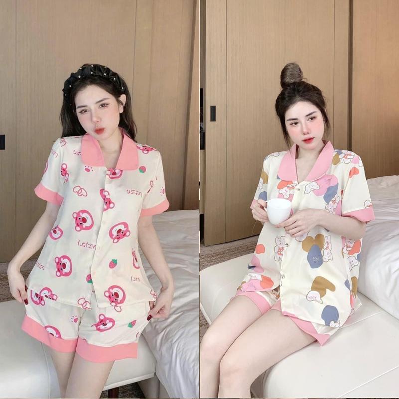  Combo 2 Đồ bộ Cộc   Quần đùi  Pijama Nữ họa tiết phối viền chất vải lụa mềm nhẹ Quần Ngủ 