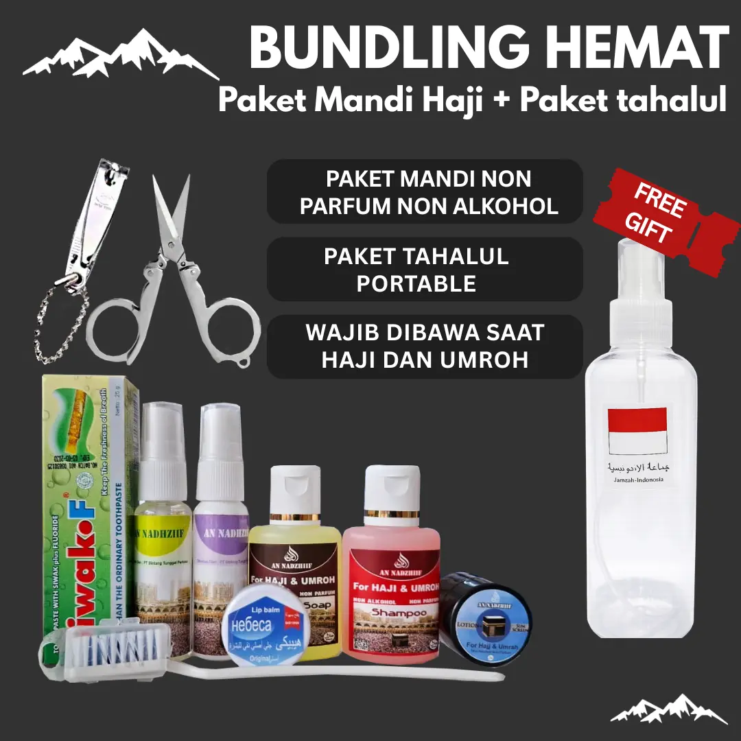 BUY 2 GET 3 Paket Mandi 35ml + Paket Tahalul FREE Botol 250ml l Sabun Mandi Gunting Lipat Kuku Perlengkapan Haji Umrah