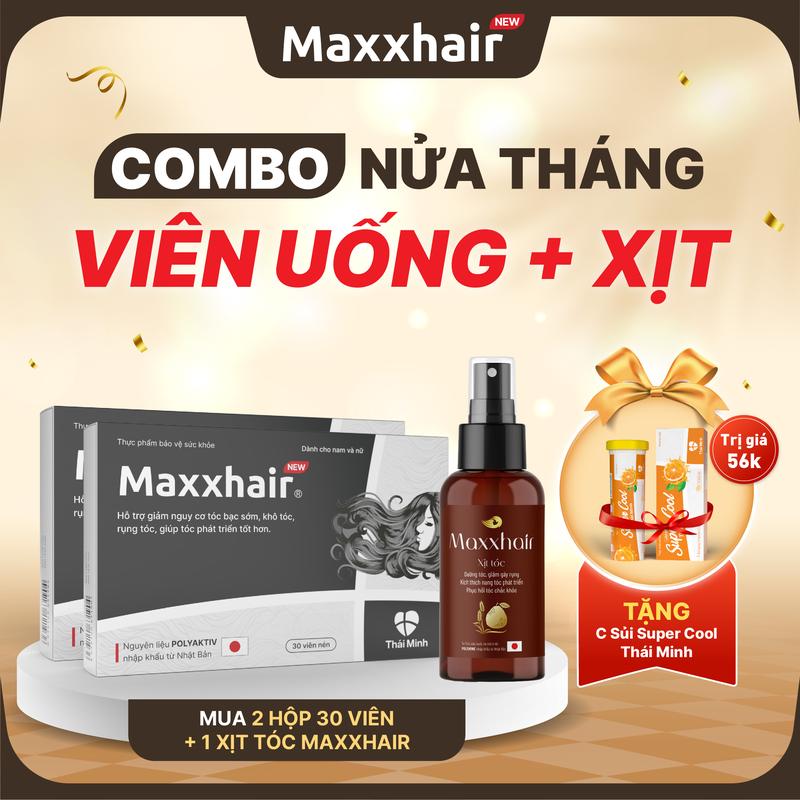[COMBO NỬA THÁNG HỘP VIÊN UỐNG + XỊT]: Mua 2 hộp viên uống MAXXHAIR + 1 Xịt tóc Maxxhair - TẶNG 1 C sủi thanh nhiệt - Sản phẩm dành cho người bị rụng tóc nhiều và hỗ trợ giúp tóc chắc khoẻ - Hộp 30 viên- xịt 150ml